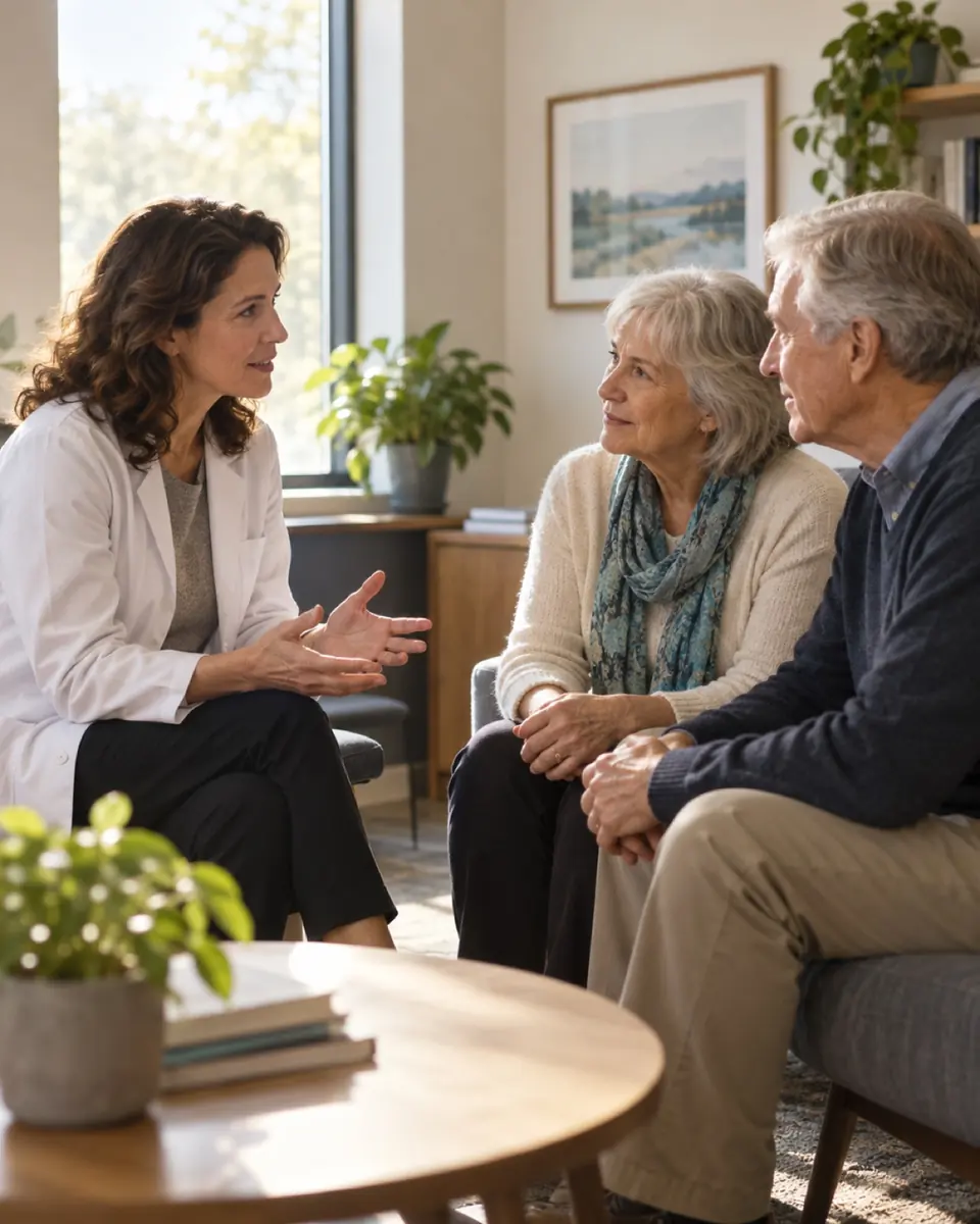 Older couple talking with a doctor in a bright living room