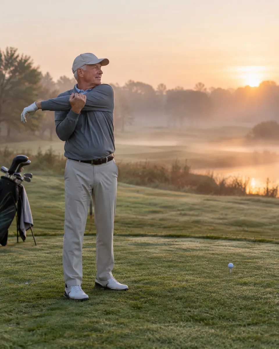Older man stretching on a golf course at sunrise with his bag beside him