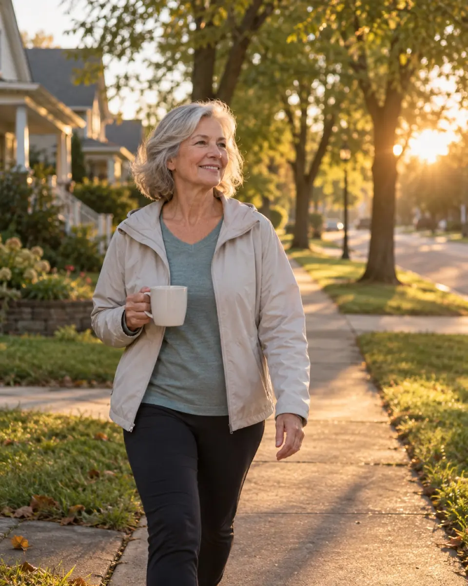 Older woman smiling on a tree-lined sidewalk during a morning walk, holding a mug
