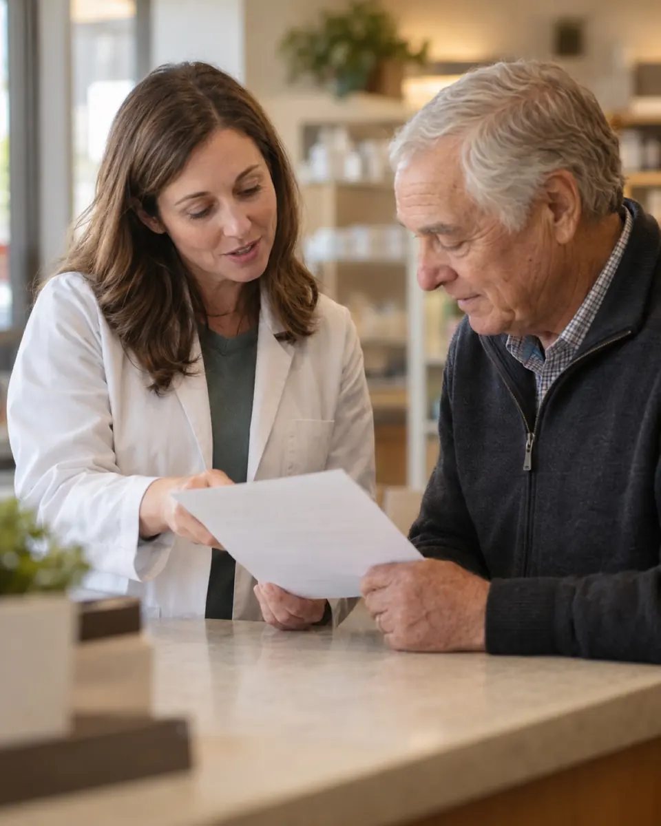 Pharmacist explaining a printed sheet to an older man at the pharmacy counter