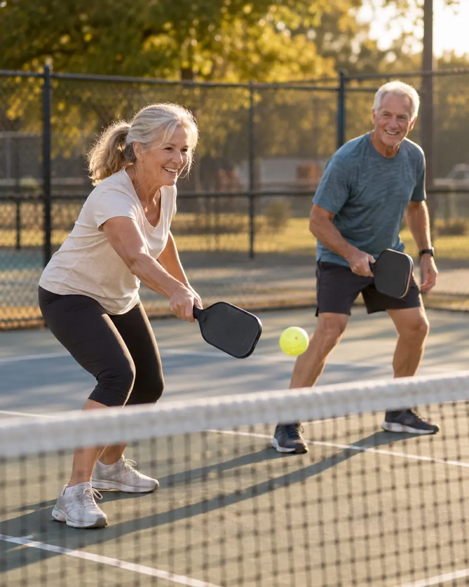 Older woman and man playing pickleball outdoors on a sunny court