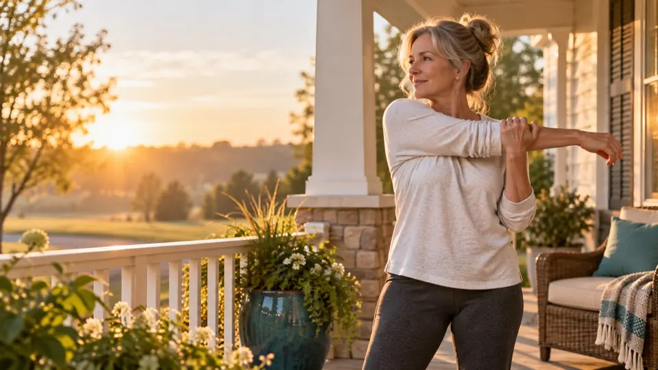 Older woman stretching her shoulder on a front porch at sunrise