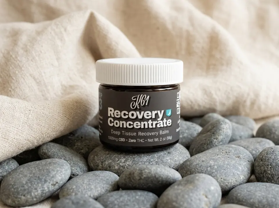 K61 Recovery Concentrate CBD balm jar resting on river stones and linen
