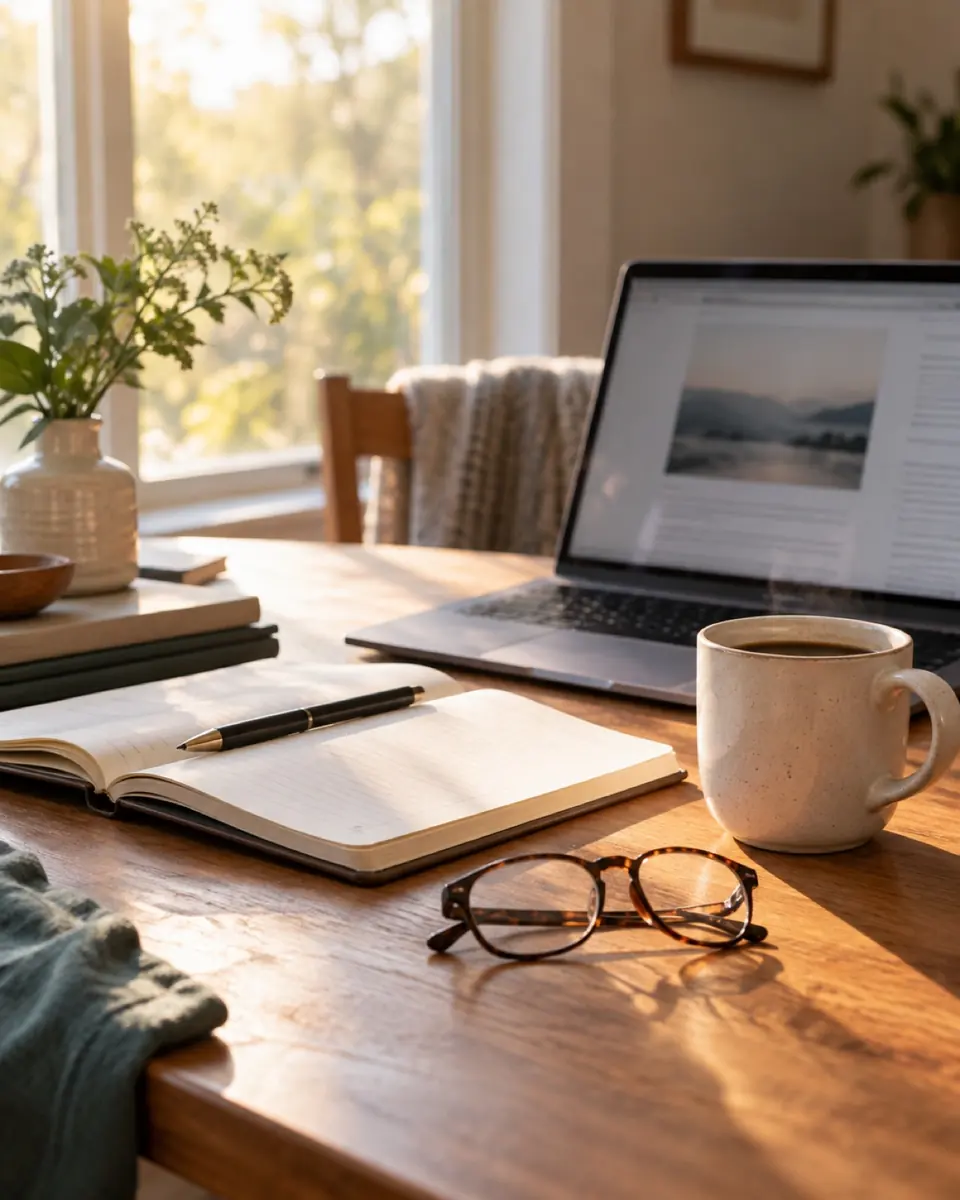 Desk with an open notebook, reading glasses, a coffee mug and a laptop