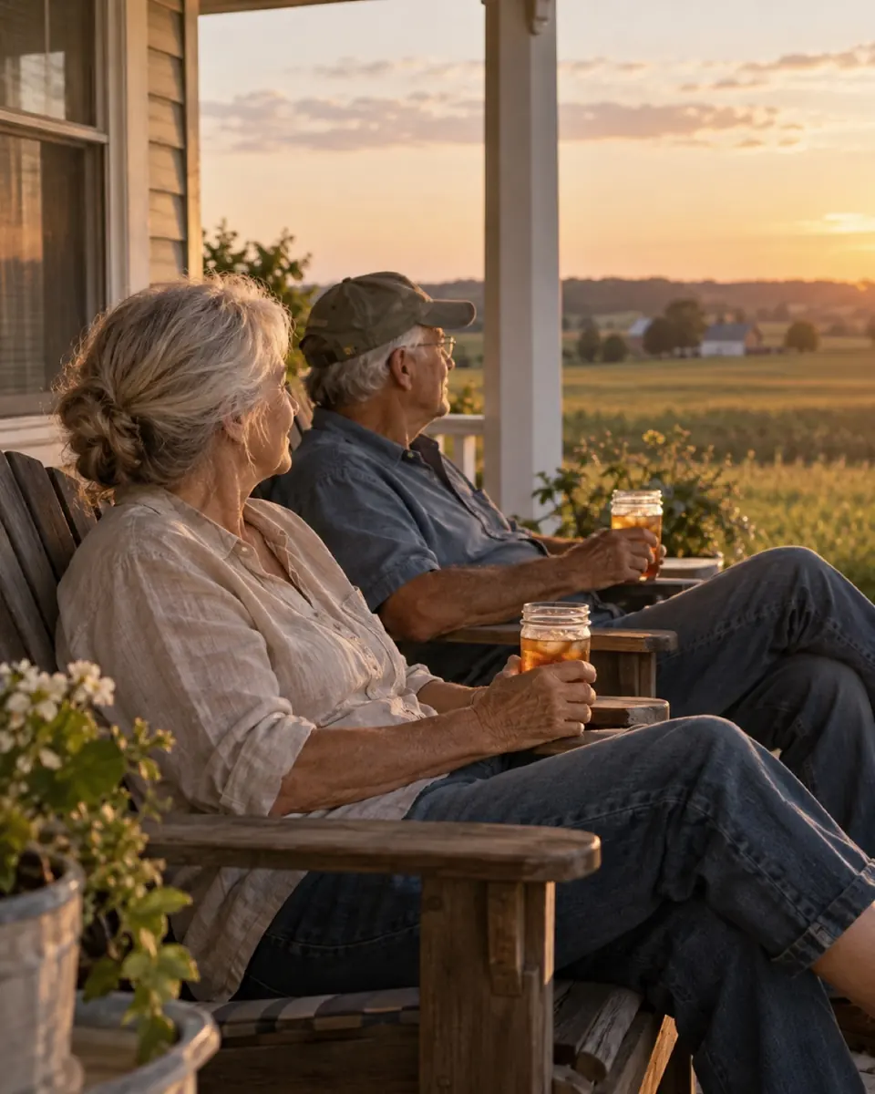 Older couple relaxing on a porch at sunset with cold drinks