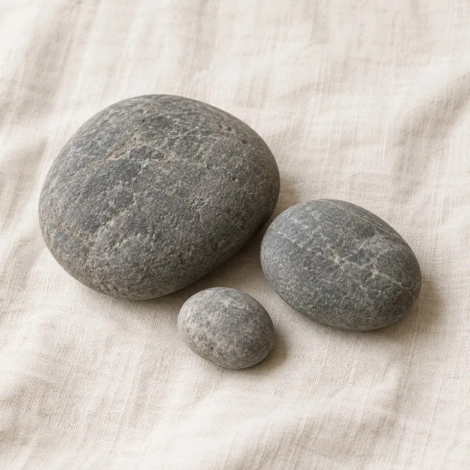 Three smooth river stones resting on natural linen