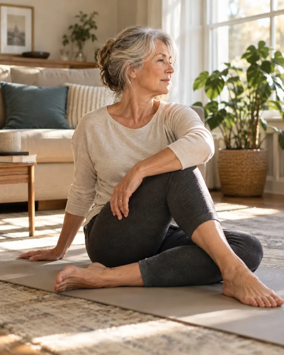 Older woman doing a gentle seated stretch on a mat in her living room